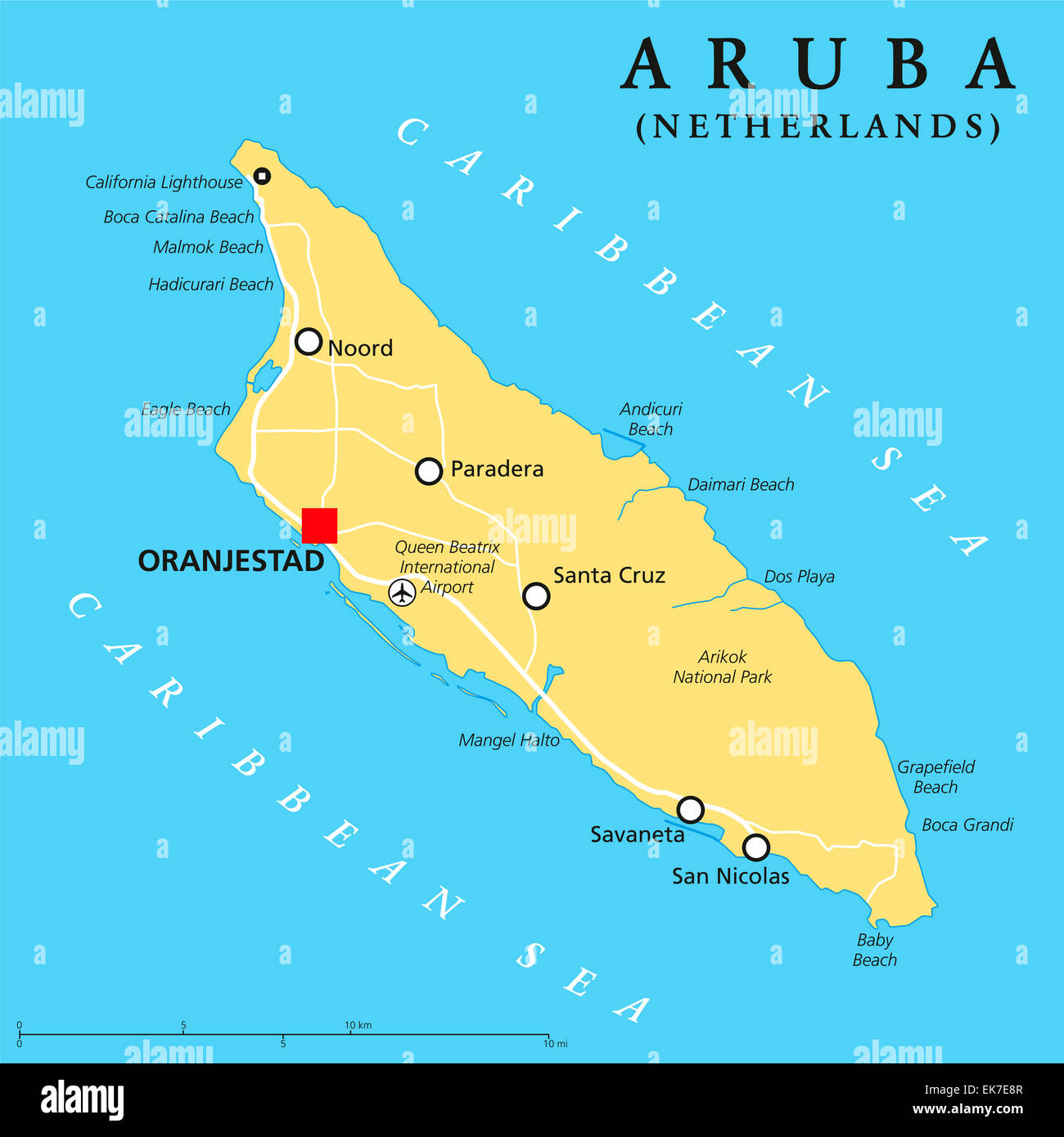 Politische Landkarte Aruba mit Hauptstadt Oranjestad und wichtige Städte. Englische Beschriftung und Skalierung. Abbildung. Stockfoto