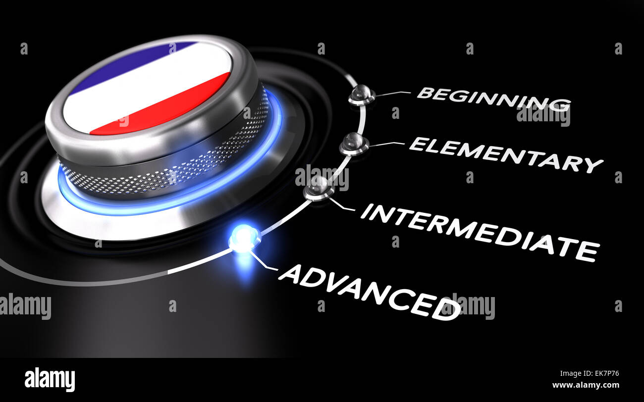 Moderne Schalter zeigt das Wort weit fortgeschritten. Schwarze Backgorund. Konzept der Französischkurse oder Sprache-Skill-level Stockfoto