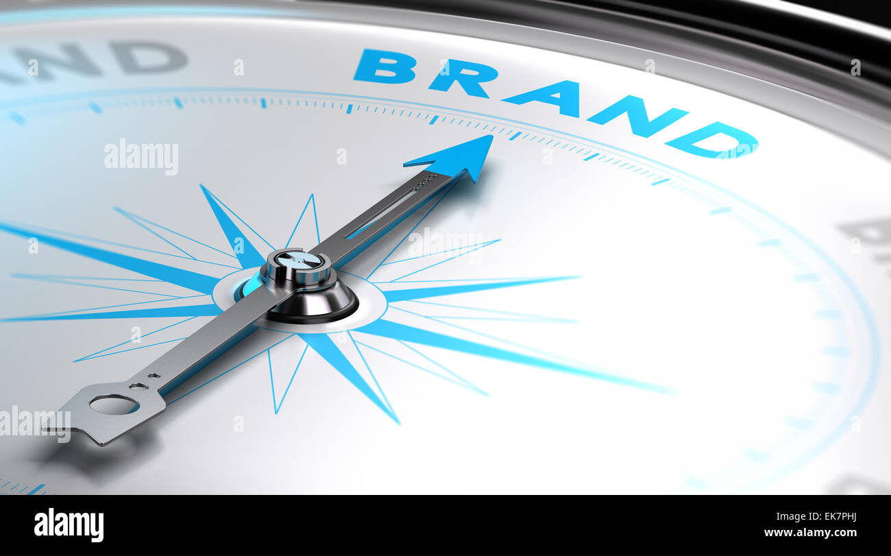 Wählen ein Markenname-Konzept. 3D-Bild mit einem Kompass mit Nadel zeigt die Wortmarke. Blauen und weißen Tönen. Stockfoto