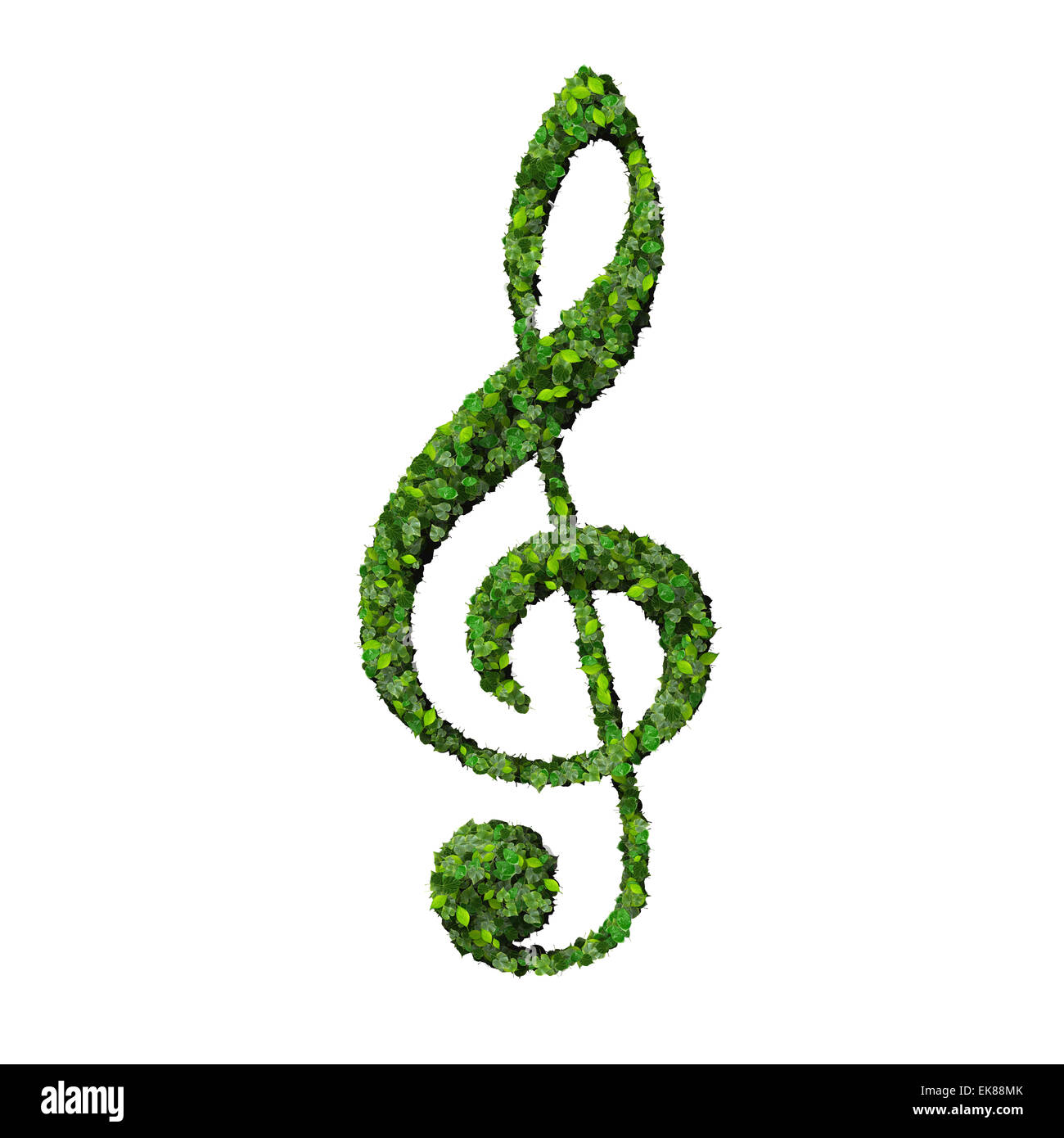 Musikalische Note Notenschlüssel Symbol aus grünen Blättern, die isoliert auf weißem Hintergrund gemacht. 3D render Stockfoto