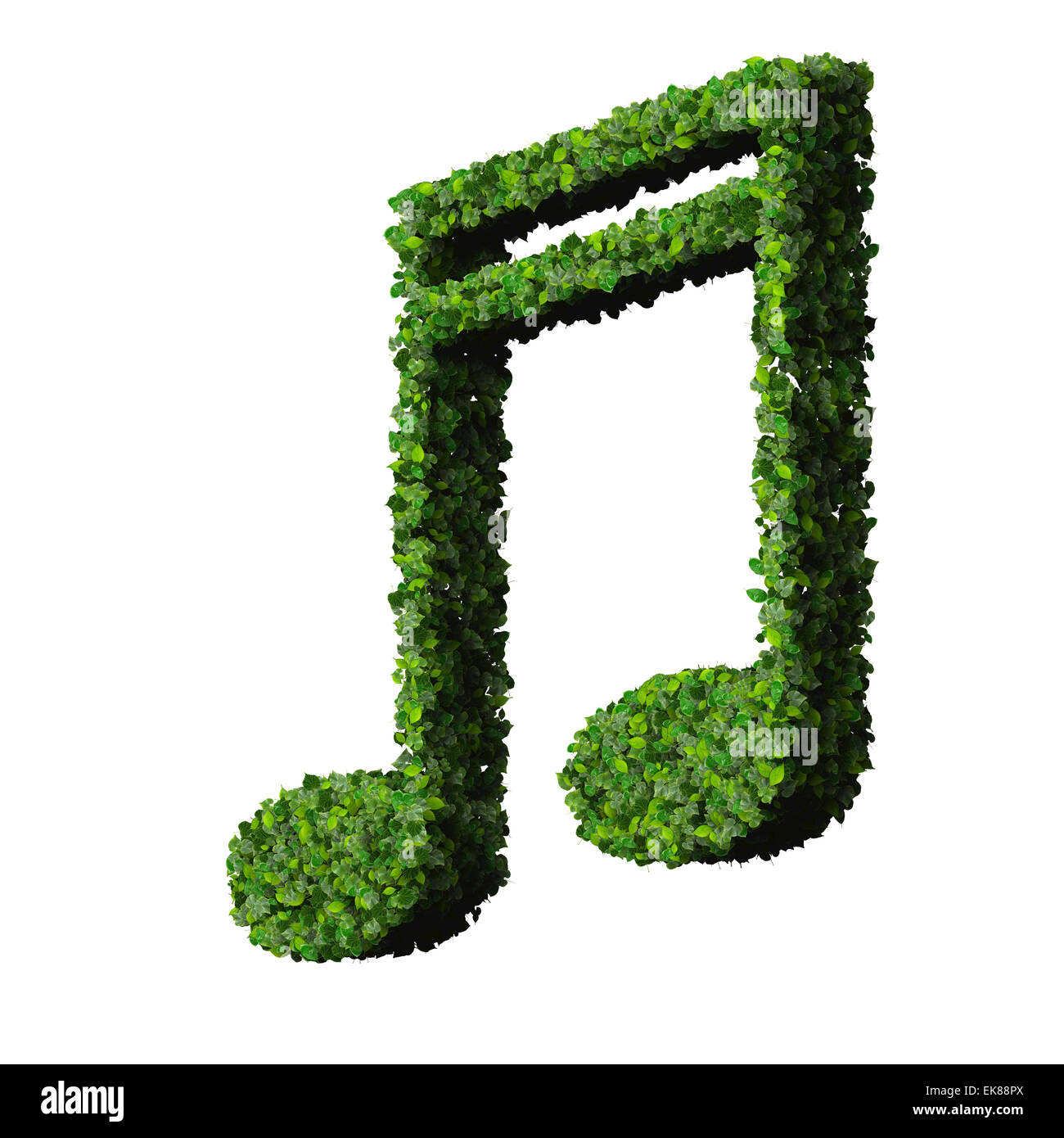 sikalische Hinweis Doppel Sechzehntel Symbol aus grünen Blättern, die isoliert auf weißem Hintergrund gemacht. 3D render Stockfoto