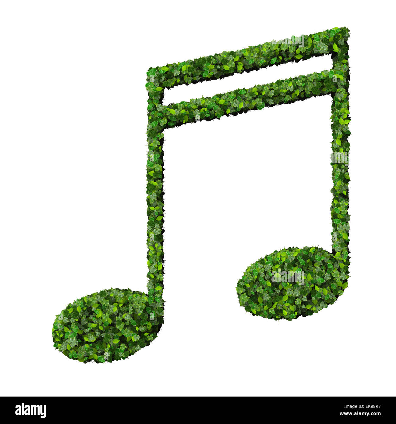 sikalische Hinweis Doppel Sechzehntel Symbol aus grünen Blättern, die isoliert auf weißem Hintergrund gemacht. 3D render Stockfoto