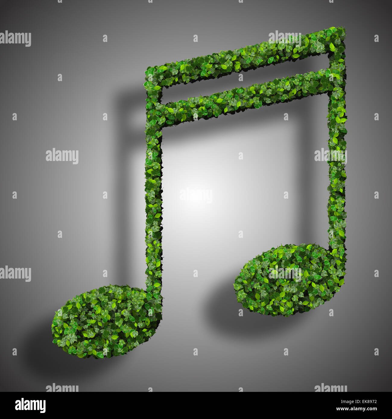 sikalische Hinweis Doppel Sechzehntel Symbol aus grünen Blättern, die isoliert auf weißem Hintergrund gemacht. 3D render Stockfoto