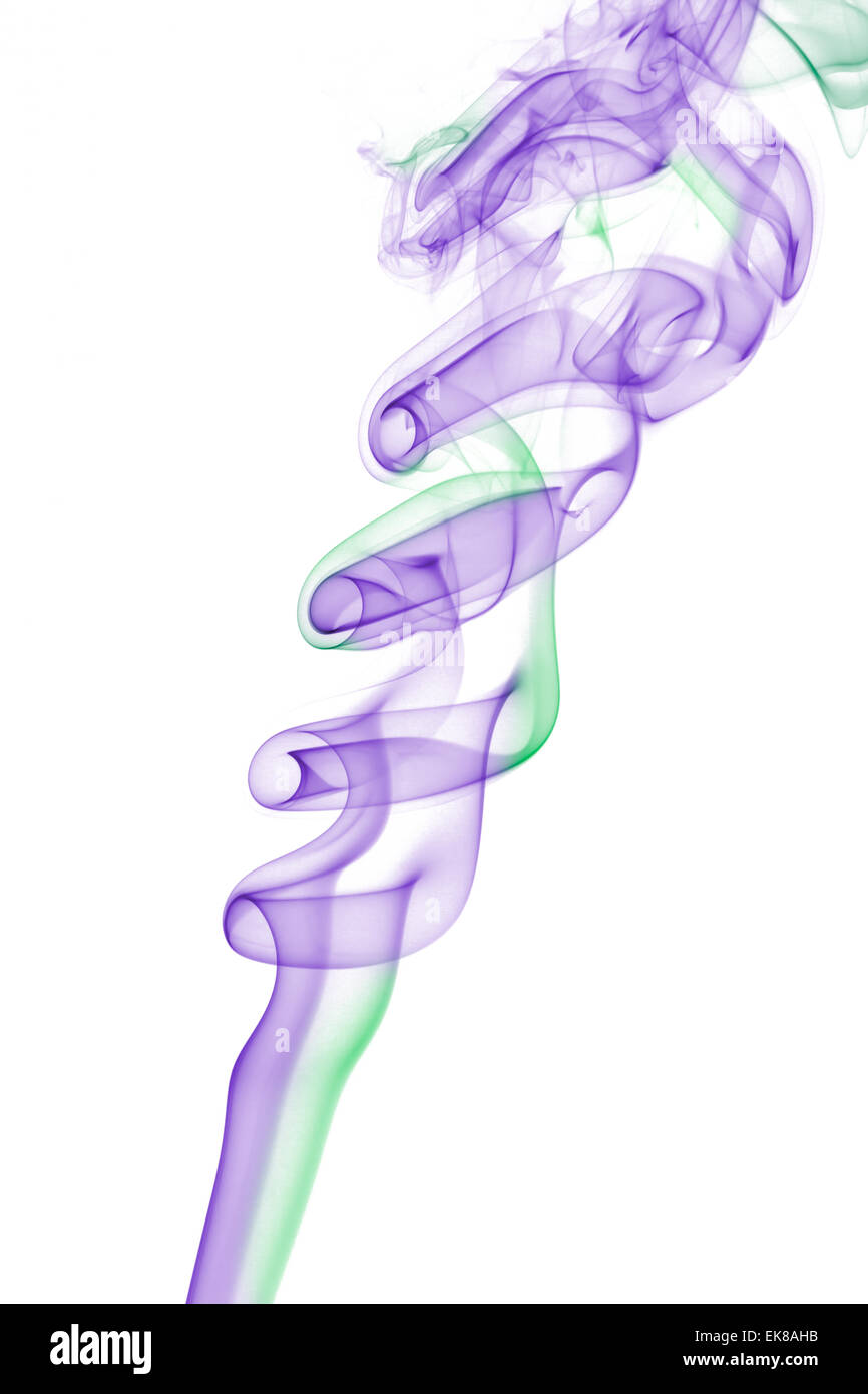 Lila und Grün Rauchen Wirkung Abstract über weiß. Stockfoto