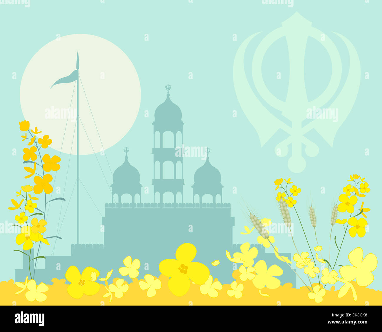 ein Beispiel für eine abstrakte Sikh Gurdwara in jade Farben mit Sonne militärische Emblem und Senf Pflanzen im Vordergrund Stockfoto