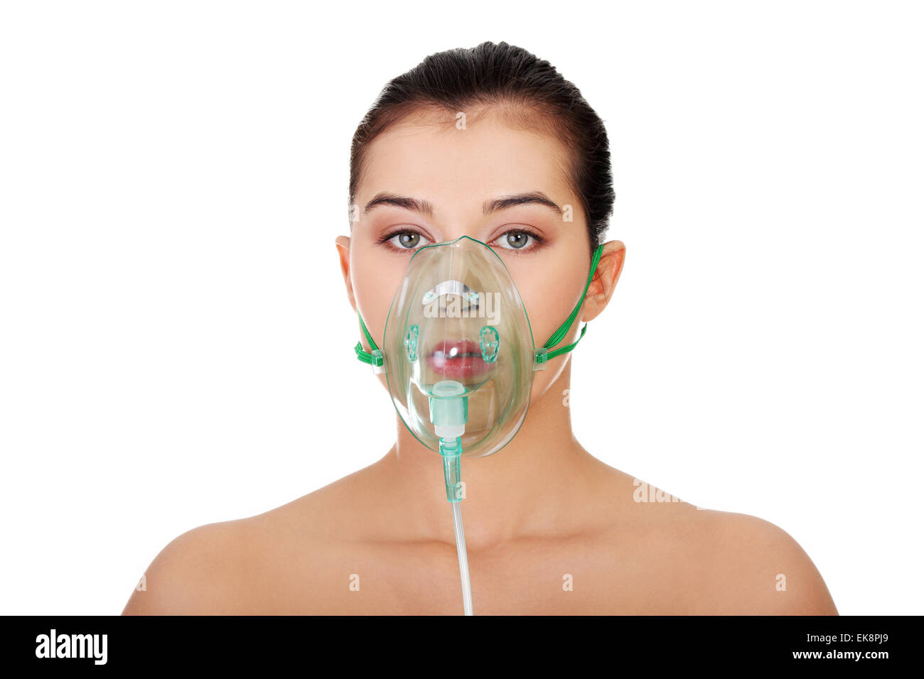 Erkrankten Patientin mit einer Sauerstoff-Maske Stockfoto
