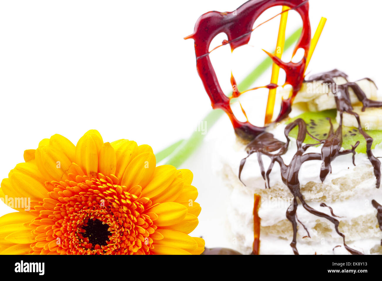 Kuchen mit Karamell, Schokolade, Kiwis und isoliert auf Blume Stockfoto