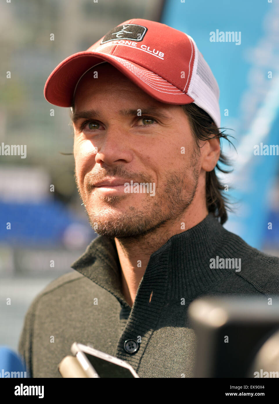 Deutscher Tennisspieler Tommy Haas im Rahmen einer Pressekonferenz auf der BMW Open in München, Deutschland, 8. April 2015. Die BMW Open statt findet vom 25 April bis 3. Mai 2015 in der bayerischen Landeshauptstadt. Foto: PETER KNEFFEL/dpa Stockfoto