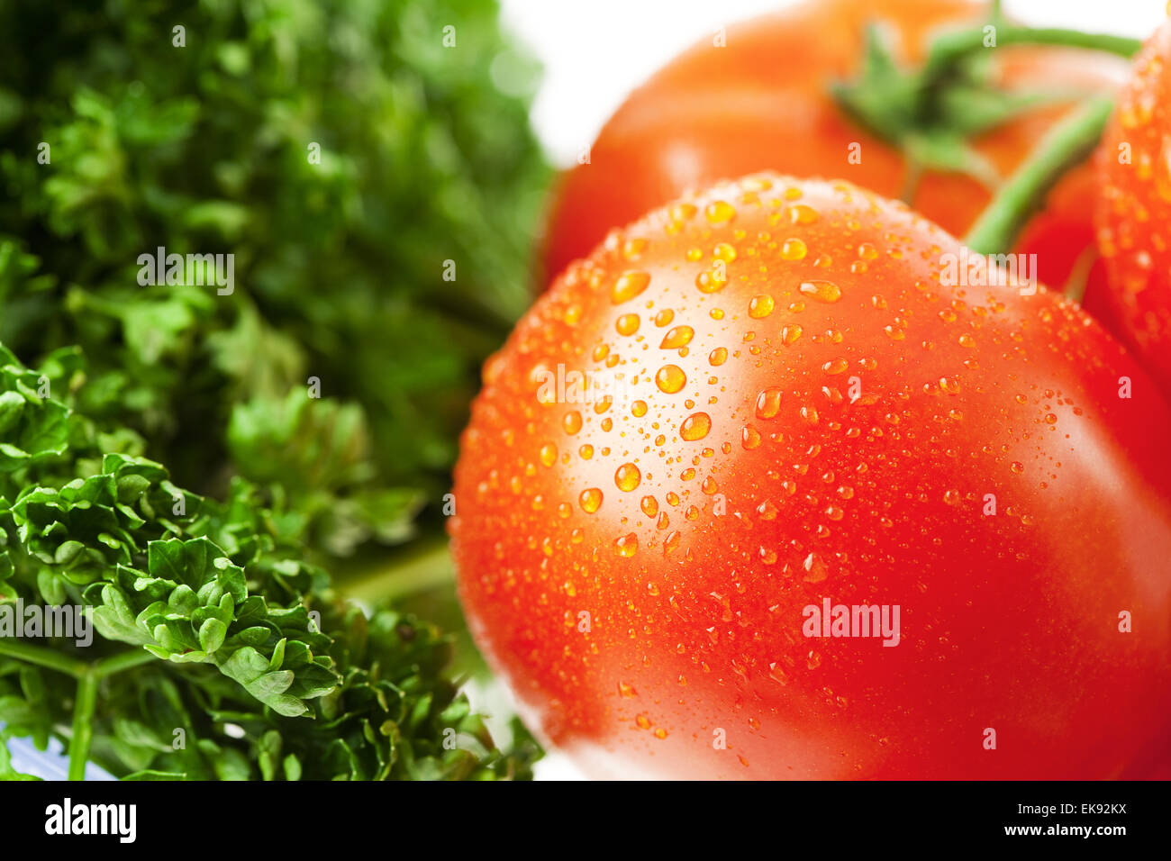 Tomaten mit Tropfen von Wasser und grün Stockfoto