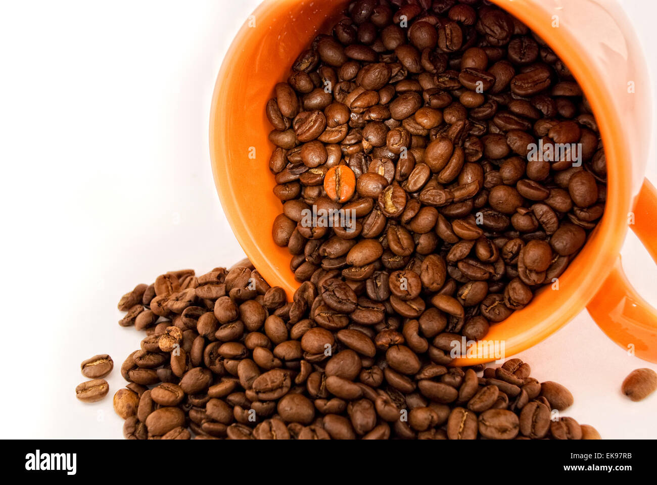 Tasse mit Kaffeebohnen isoliert auf weiss Stockfoto
