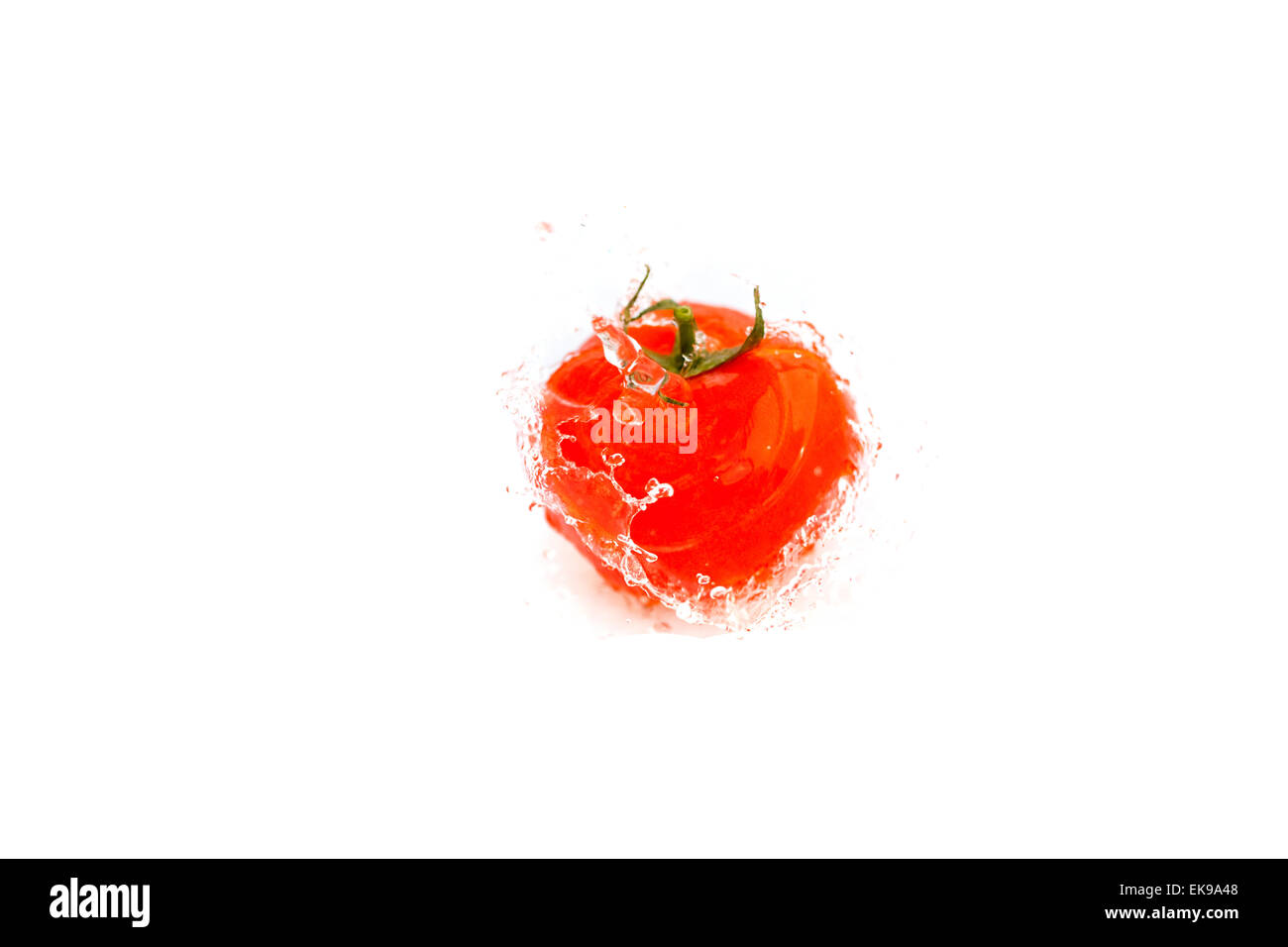 Tomaten mit Spritzwasser isoliert auf weiss Stockfoto