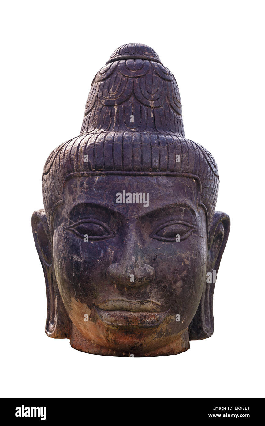 Skulptur antike des Kopfes, die Buddha auf weißen Hintergrund isoliert Stockfoto