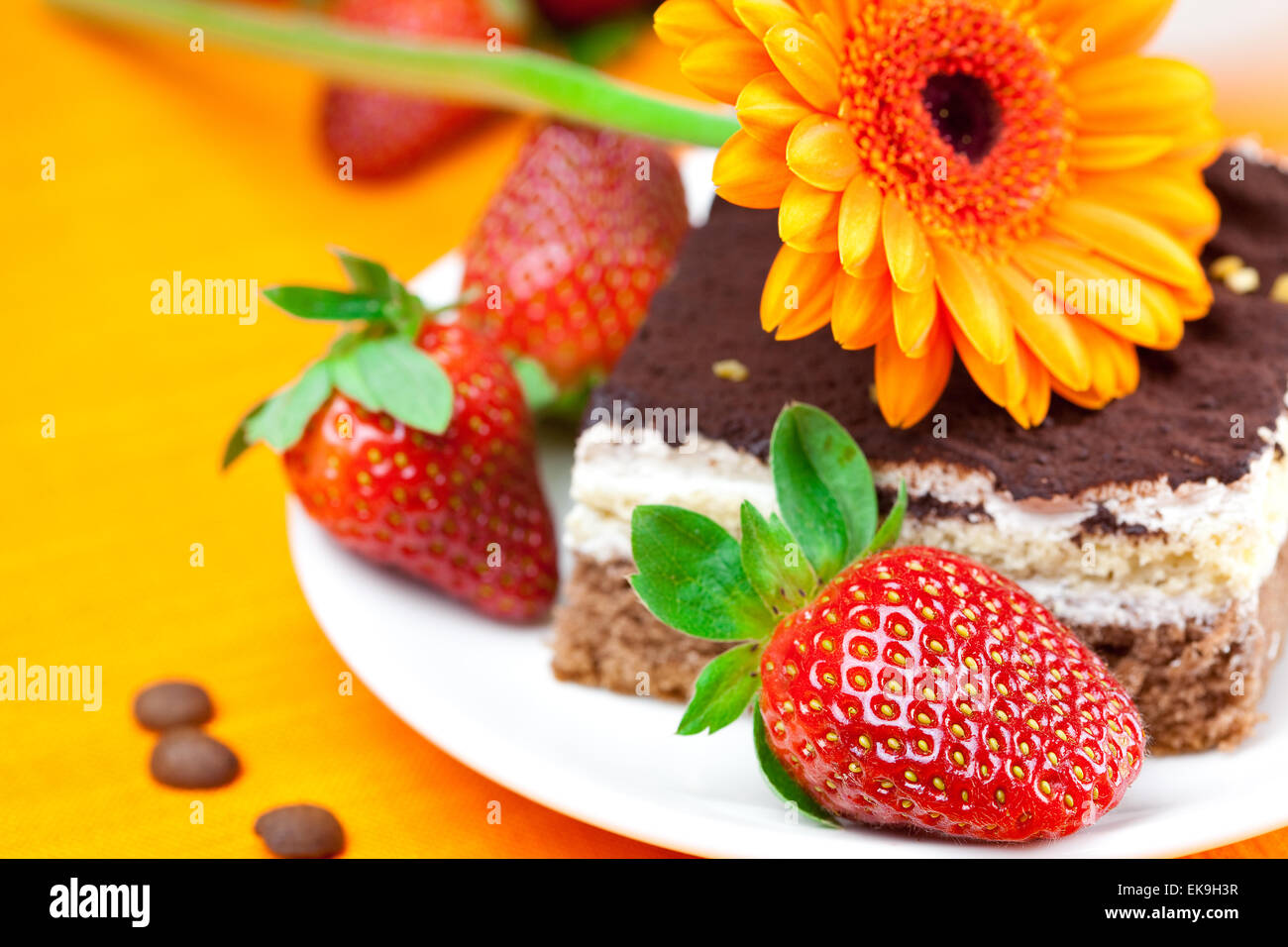 Gerbera, Kuchen und Erdbeeren auf die orangen Stoff liegen Stockfoto