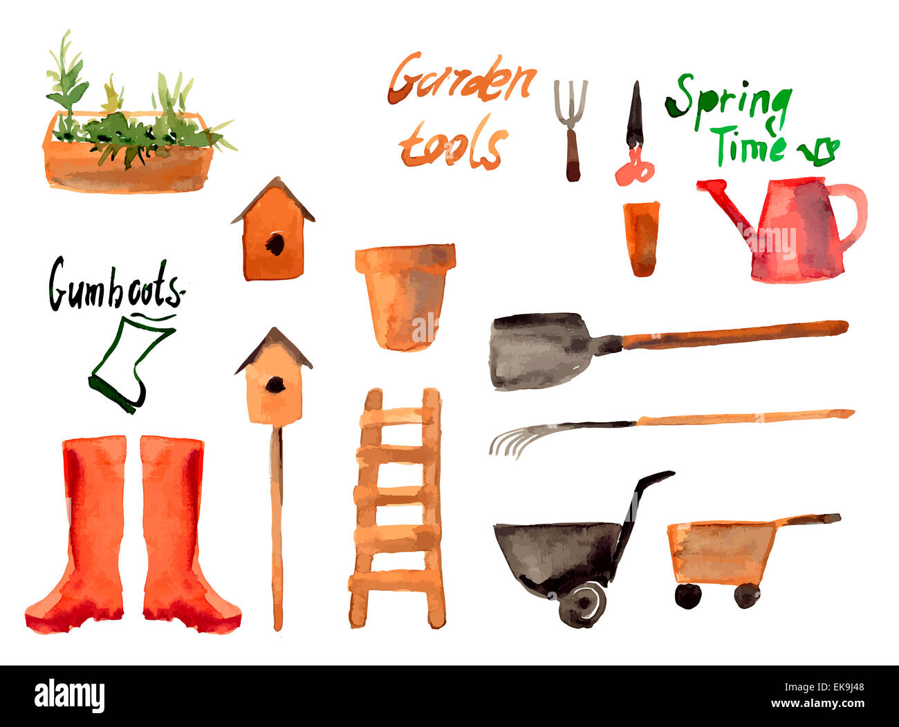 Ein Satz Aquarell von Gartenarbeit Symbole isoliert auf weißem Hintergrund Stockfoto