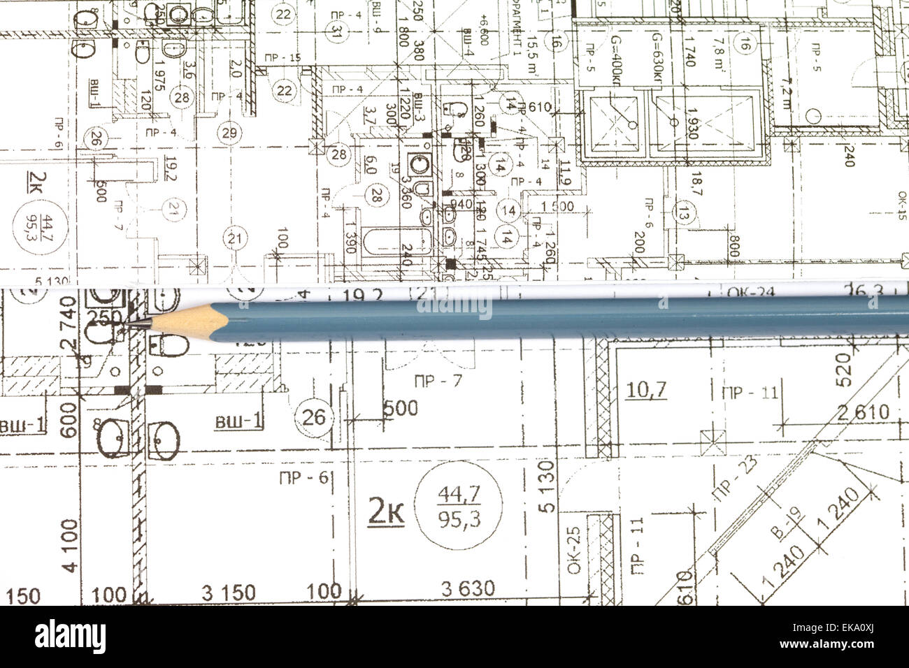 Hintergrund der Bauzeichnungen und Bleistift Stockfoto
