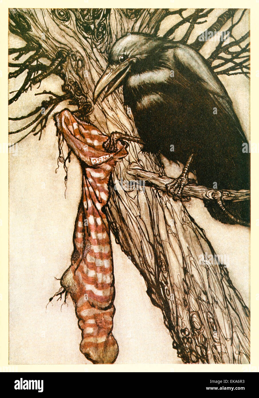 Jahrelang hatte er ruhig seine Strümpfe - Illustration von Arthur Rackham (1867-1939) aus "Peter Pan in den Kensington Gardens' von j.m. Barrie (1860-1937) gefüllt. Siehe Beschreibung Stockfoto