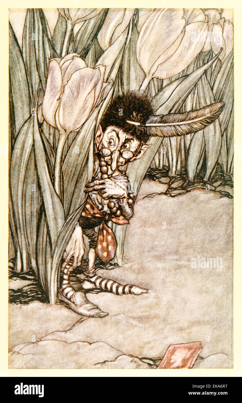 Als er Peter Stimme vernahm tauchte er in Alarm hinter einer Tulpe - Illustration von Arthur Rackham (1867-1939) aus "Peter Pan in den Kensington Gardens' von j.m. Barrie (1860-1937). Siehe Beschreibung Stockfoto