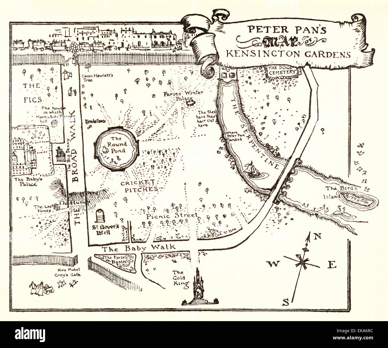 Peter Pan-Karte von Kensington Gardens - Illustration von Arthur Rackham (1867-1939) aus "Peter Pan in den Kensington Gardens' von j.m. Barrie (1860-1937). Siehe Beschreibung Stockfoto