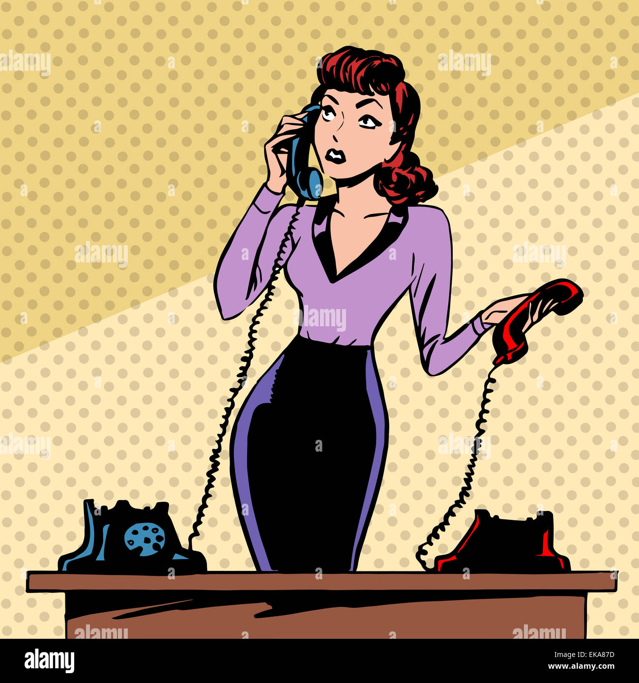 Mädchen Sekretärin beantwortet die Telefon Fortschritt und Kommunikation Technologie Pop-Art Comic Retro-Stil Halbton. Nachahmung der alten krank Stockfoto