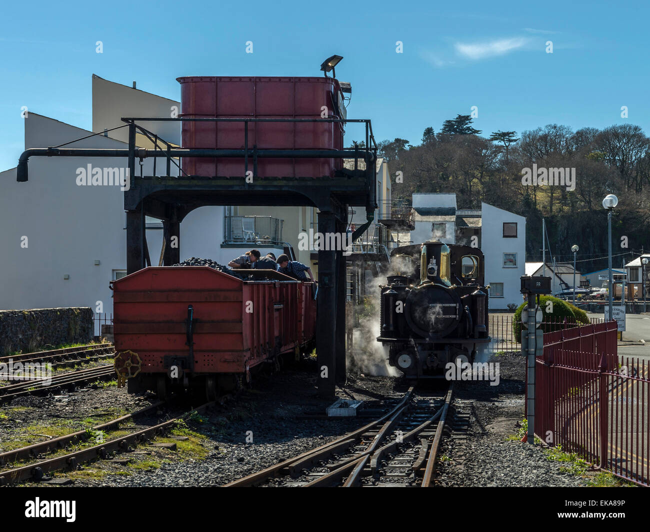 Taliesin III, eine Single Fairlie Lokomotive wird von den drei Besatzungsmitgliedern am Bahnhof von Porthmadog, Wales gepflegt wird. Stockfoto