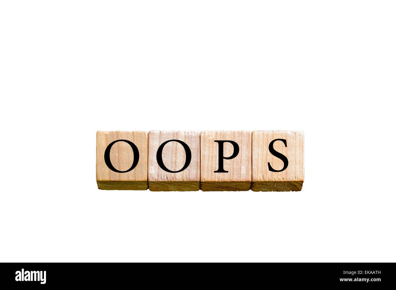 Das Wort OOPS. Hölzerne kleine Würfel mit Buchstaben isoliert auf weißem Hintergrund mit textfreiraum zur Verfügung. Konzept-Bild. Stockfoto