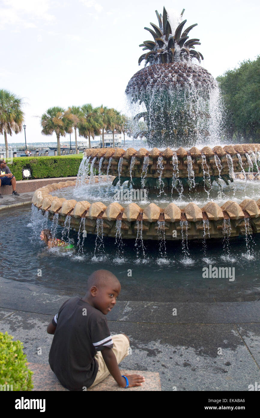 Die Ananas-Brunnen befindet sich im Waterfront Park in Charleston, South Carolina, USA. Stockfoto