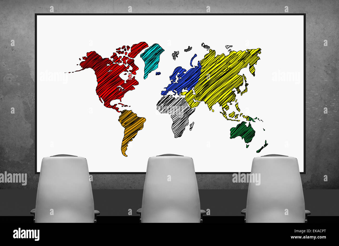 Weltkarte auf Plakat im Sitzungssaal Stockfoto