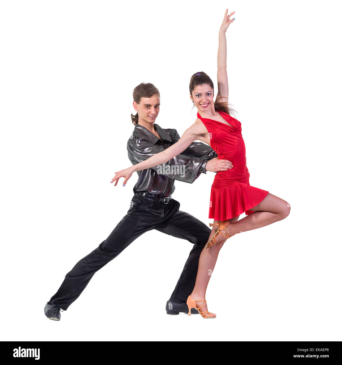 Volle Länge des jungen Balletts Paare tanzen auf weißem Hintergrund Stockfoto