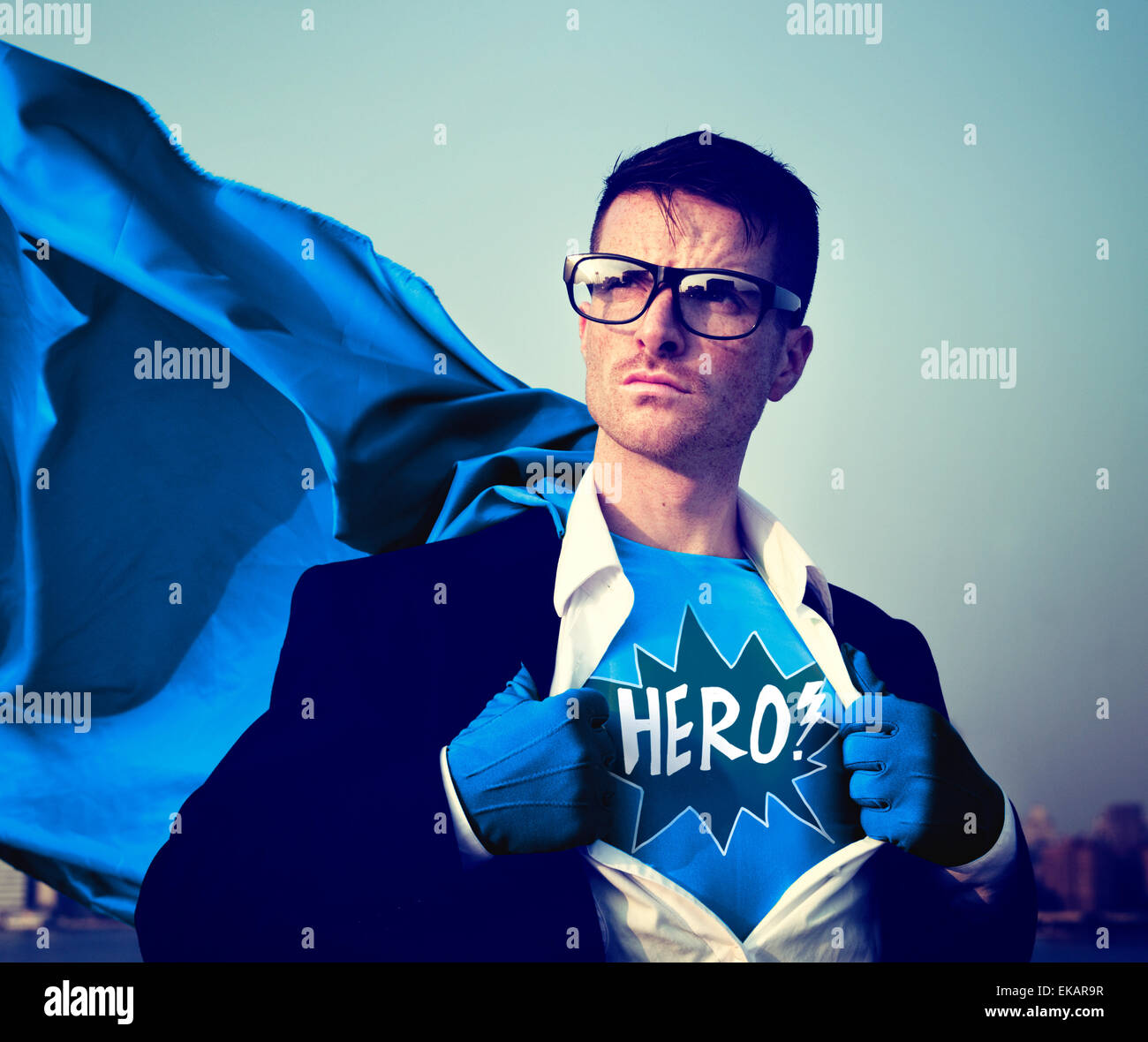 Superheld Geschäftsmann Hero Comic-Explosion Konzept Stockfoto