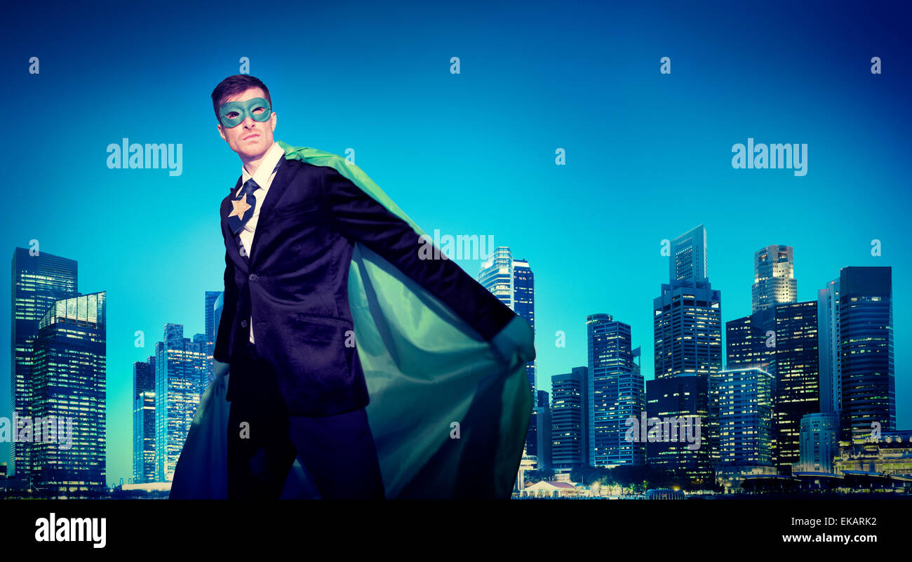 Starke leistungsfähige Superhelden Stadtbild Geschäftskonzepte Stockfoto