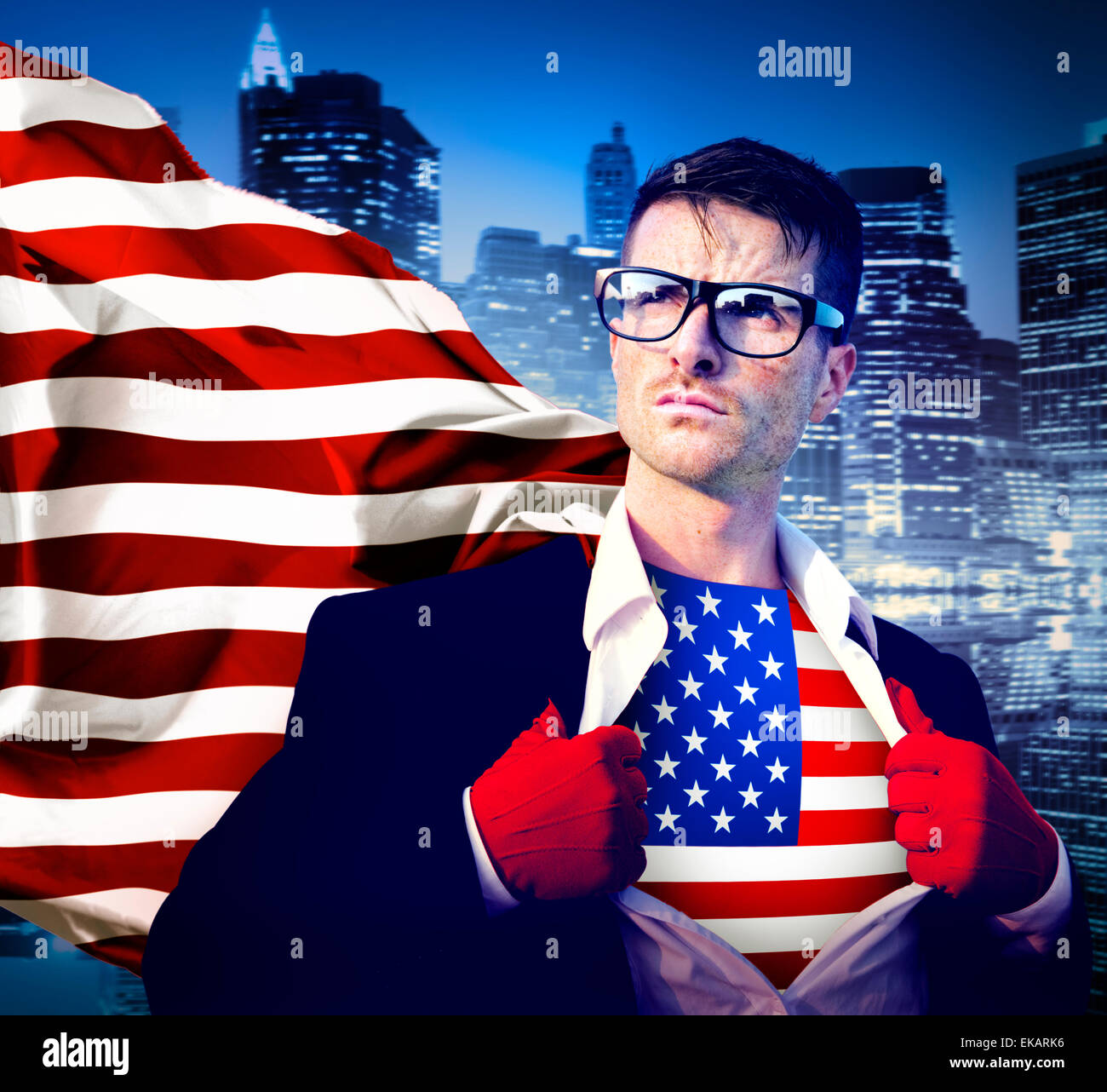 Superheld Geschäftsmann amerikanische Flagge Patriotismus Nationalflagge Konzept Stockfoto