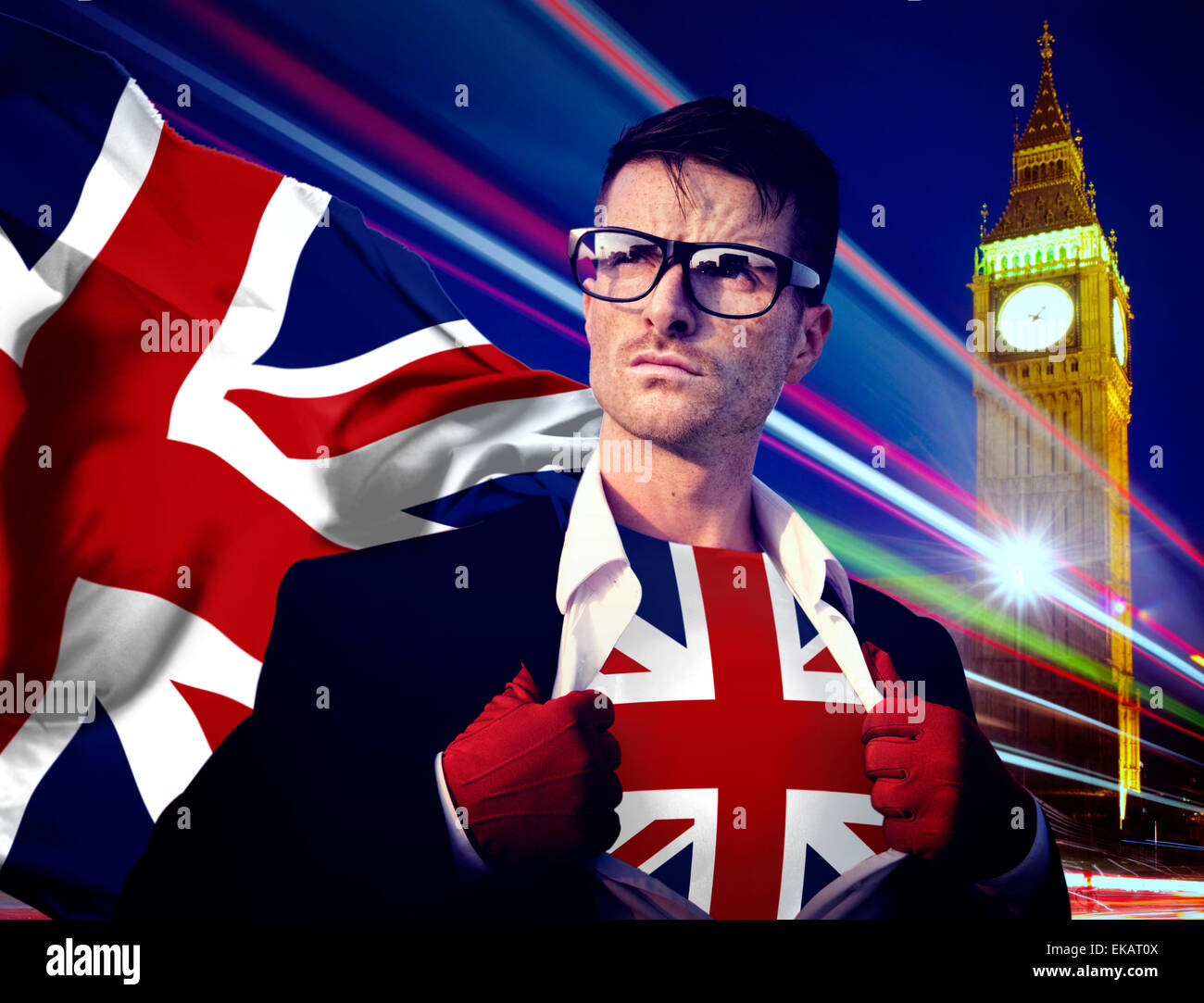 Superheld Geschäftsmann England Flagge Patriotismus Nationalflagge Konzept Stockfoto