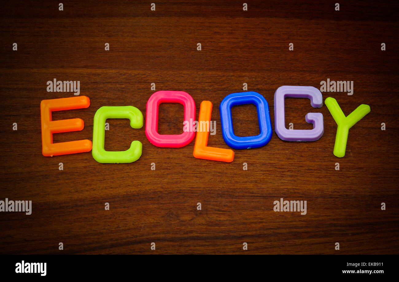 Ökologie in bunten Spielzeug-Buchstaben auf Holz Hintergrund Stockfoto