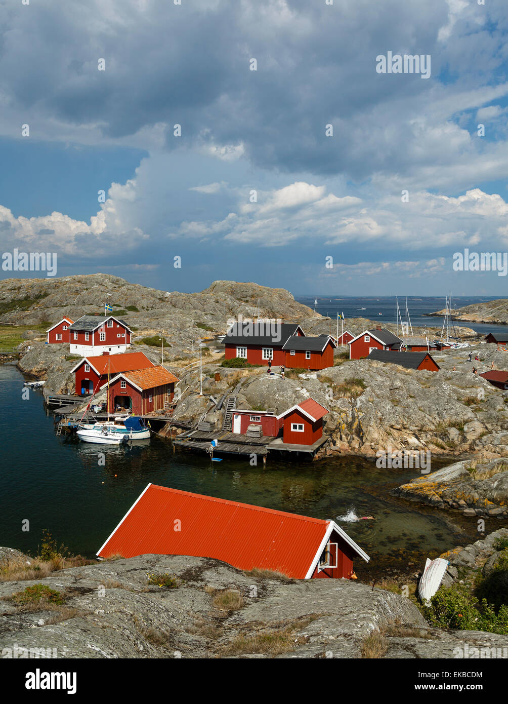 Holzhäuser, Vaderoarna (The Wetterinseln) Archipel, Bohuslan Region, Westküste, Schweden, Skandinavien, Europa Stockfoto