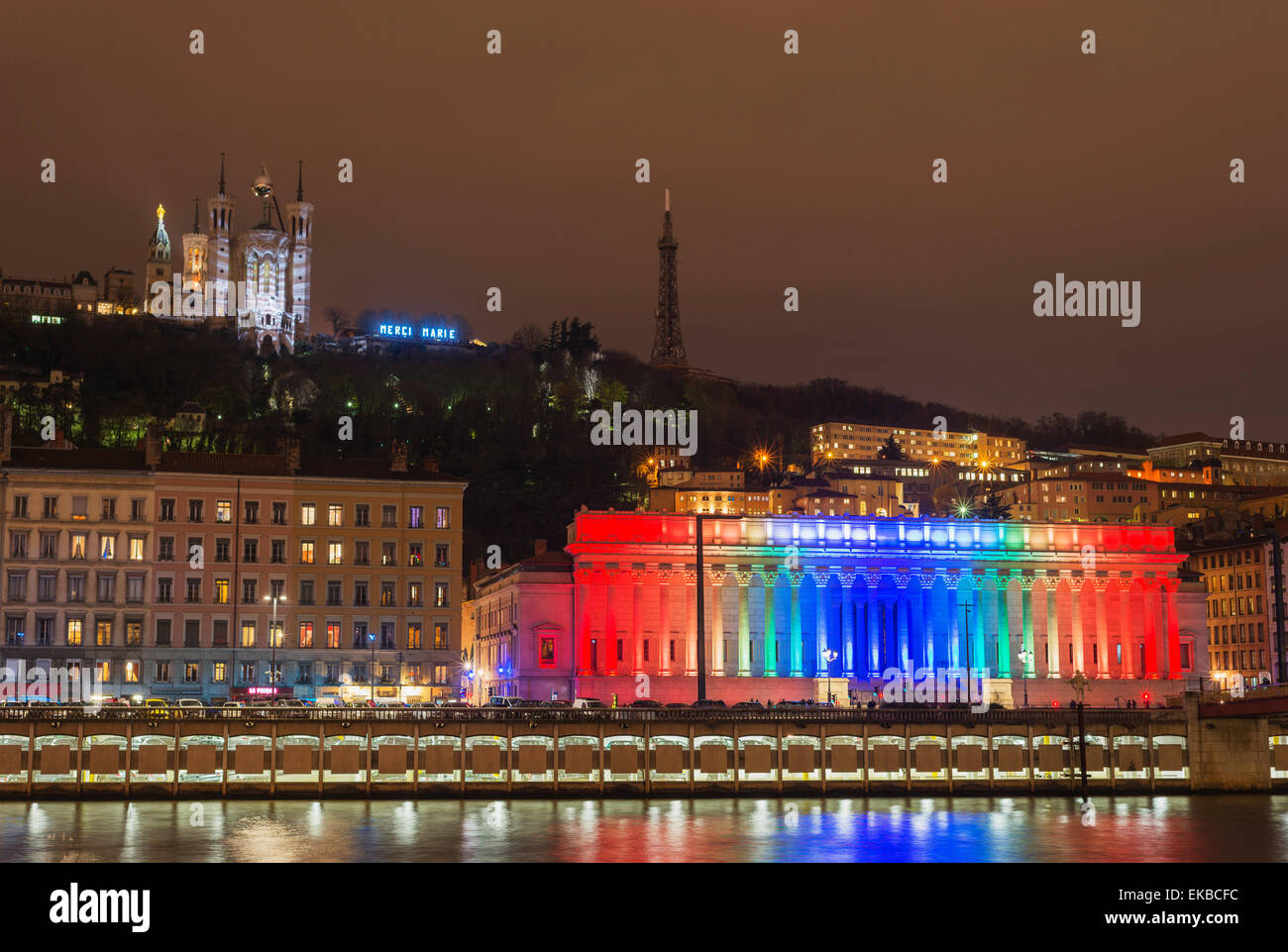 Fête des lumières (Lichterfest) Lasershow, Basilika Notre-Dame de Fourvière, Saône, Lyon, Rhone-Alpes, Frankreich Stockfoto