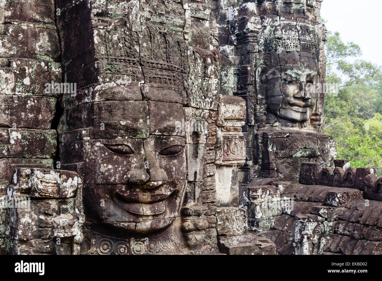 Buddha Gesicht geschnitzt in Stein am Bayon Tempel, Angkor Thom, Angkor, UNESCO, Kambodscha, Indochina, Südostasien, Asien Stockfoto