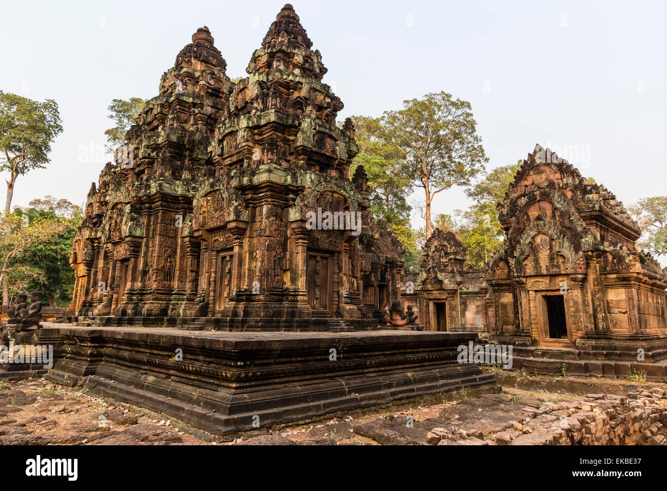 Kunstvollen Schnitzereien aus rotem Sandstein am Banteay Srei Tempel in Angkor, UNESCO, Siem Reap, Kambodscha, Indochina, Südostasien, Asien Stockfoto