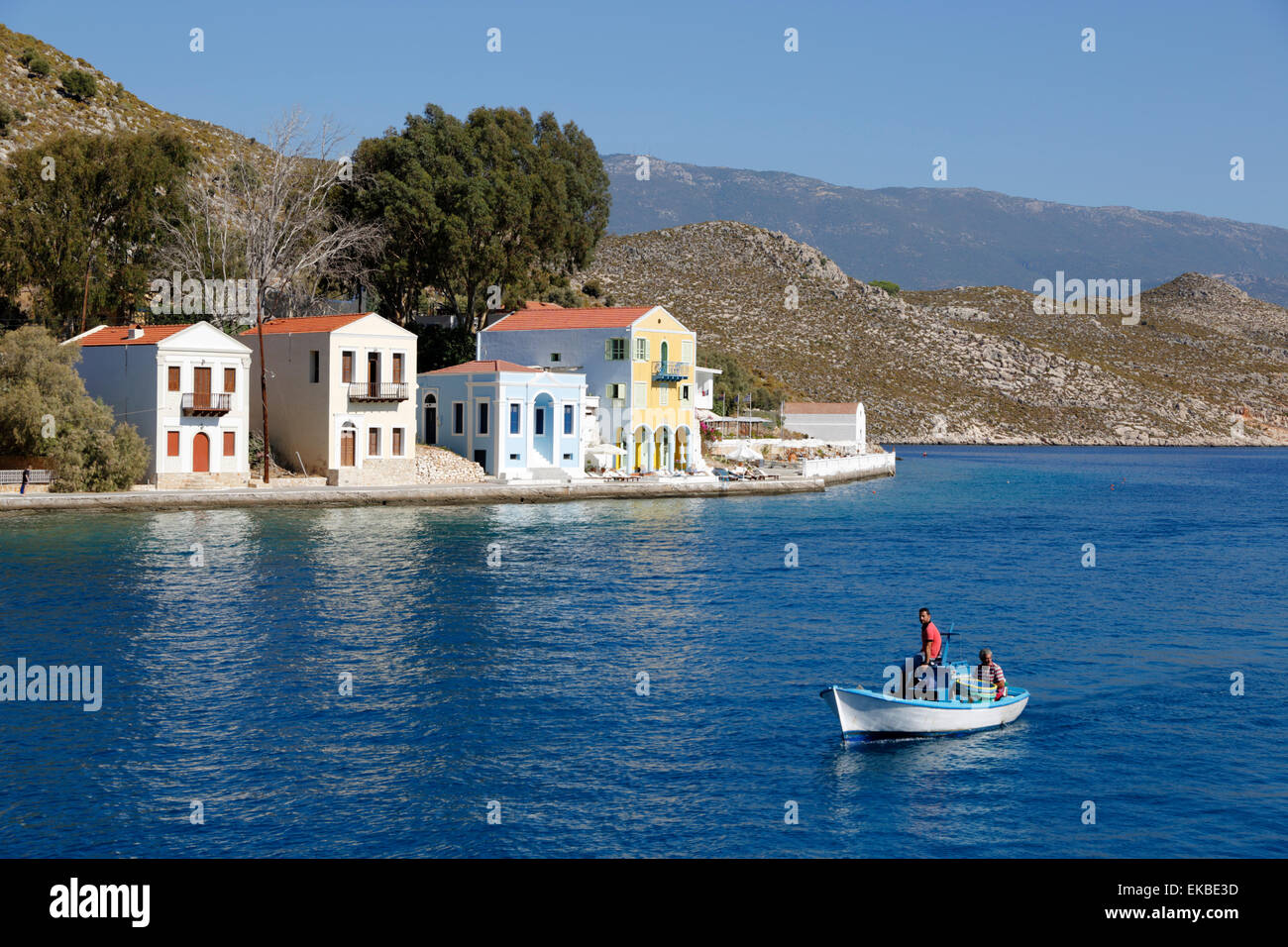 Blick auf Hafen, Kastellorizo (Meis), Dodekanes, griechische Inseln, Griechenland, Europa Stockfoto