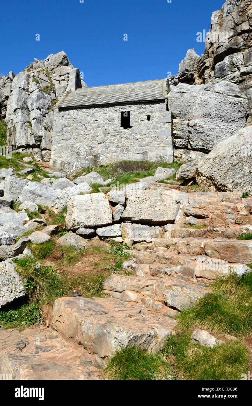 Wurm steinerne Stufen führen vom St Govans Chapel zum Meer Pembrokeshire Coast National Park Wales Cymru UK GB Stockfoto