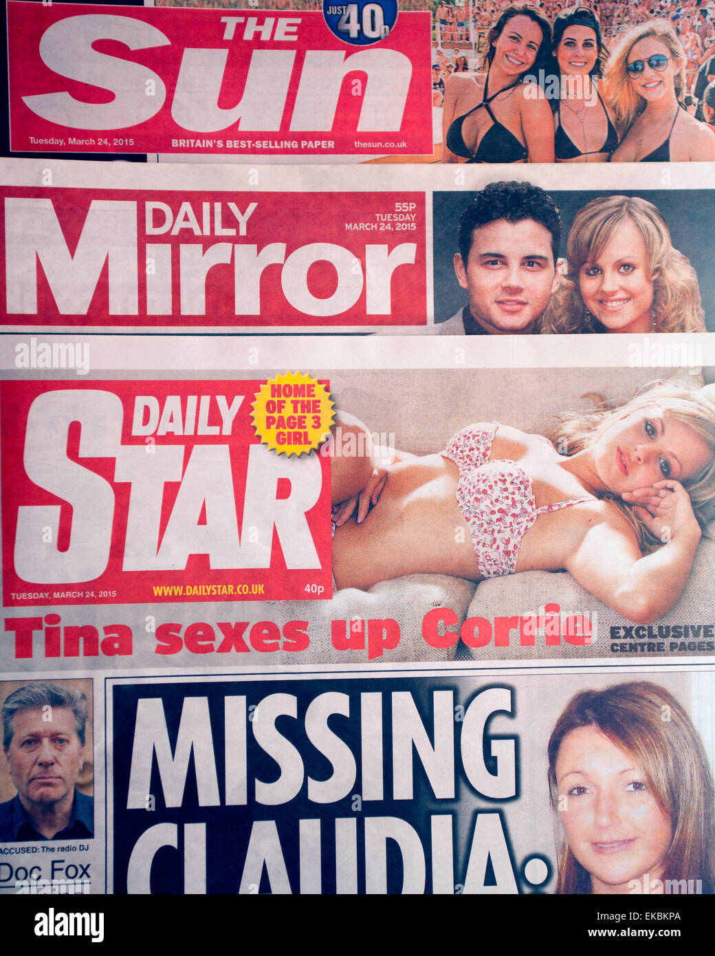 Der "rote Spitze" nationalen Boulevardzeitungen The Sun, Daily Mirror & Daily Star, London Stockfoto