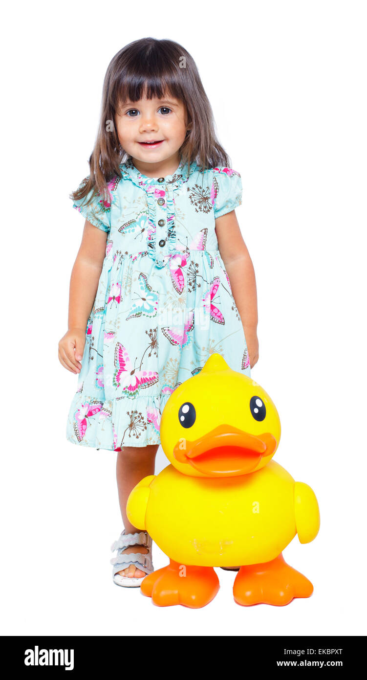 Hübsches kleines Mädchen mit Ente Stockfoto