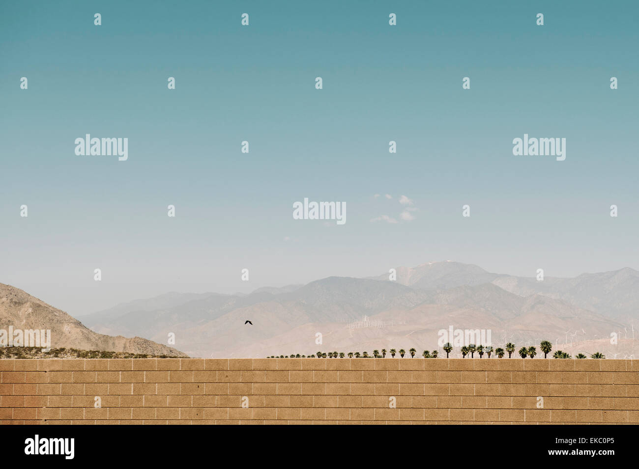 Blick auf Mauer und fernen Bergen, Palm Springs, Kalifornien, USA Stockfoto
