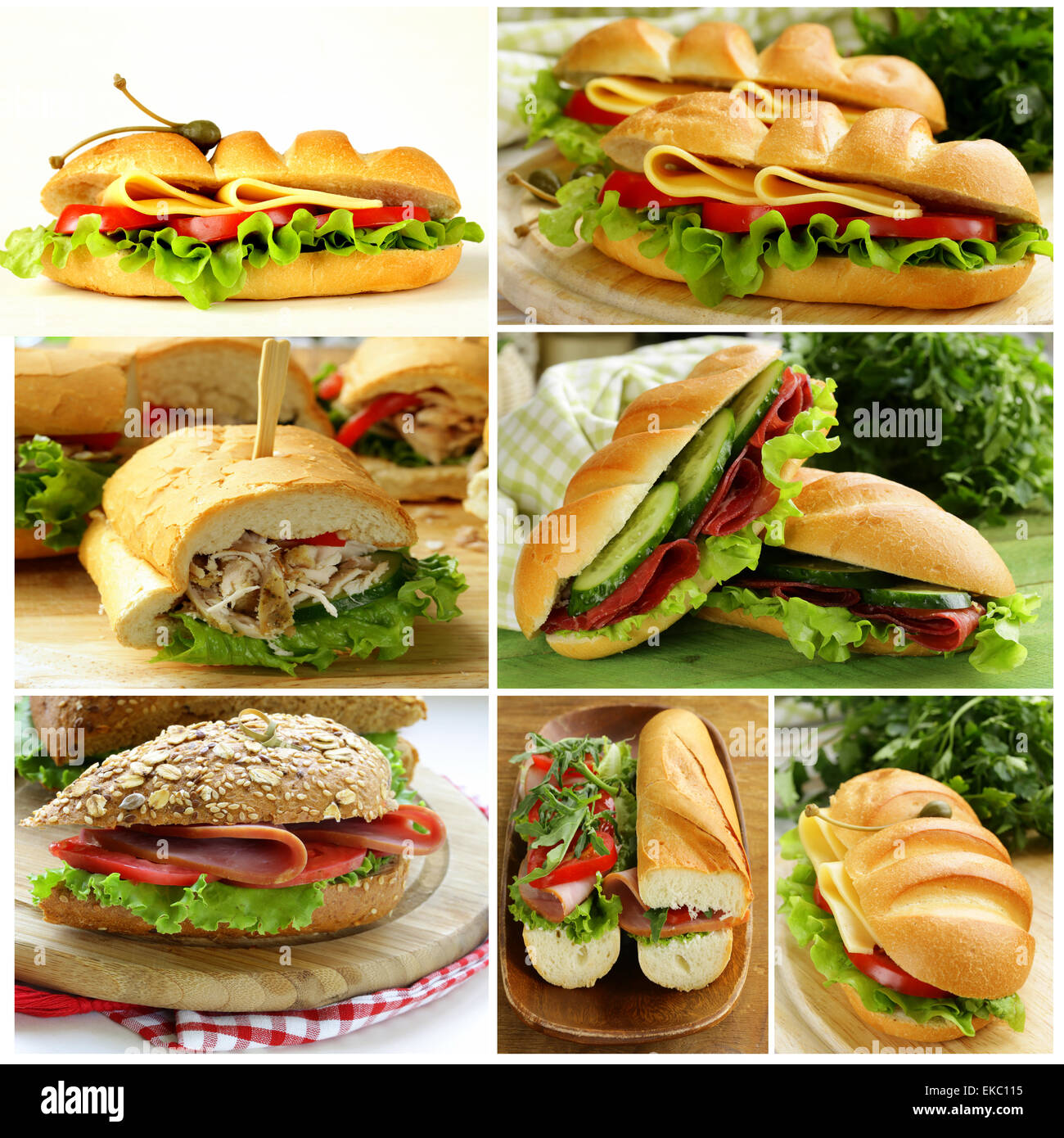 Collage aus verschiedenen Sandwiches (Schinken und Käse, Thunfisch und Gurken) Stockfoto