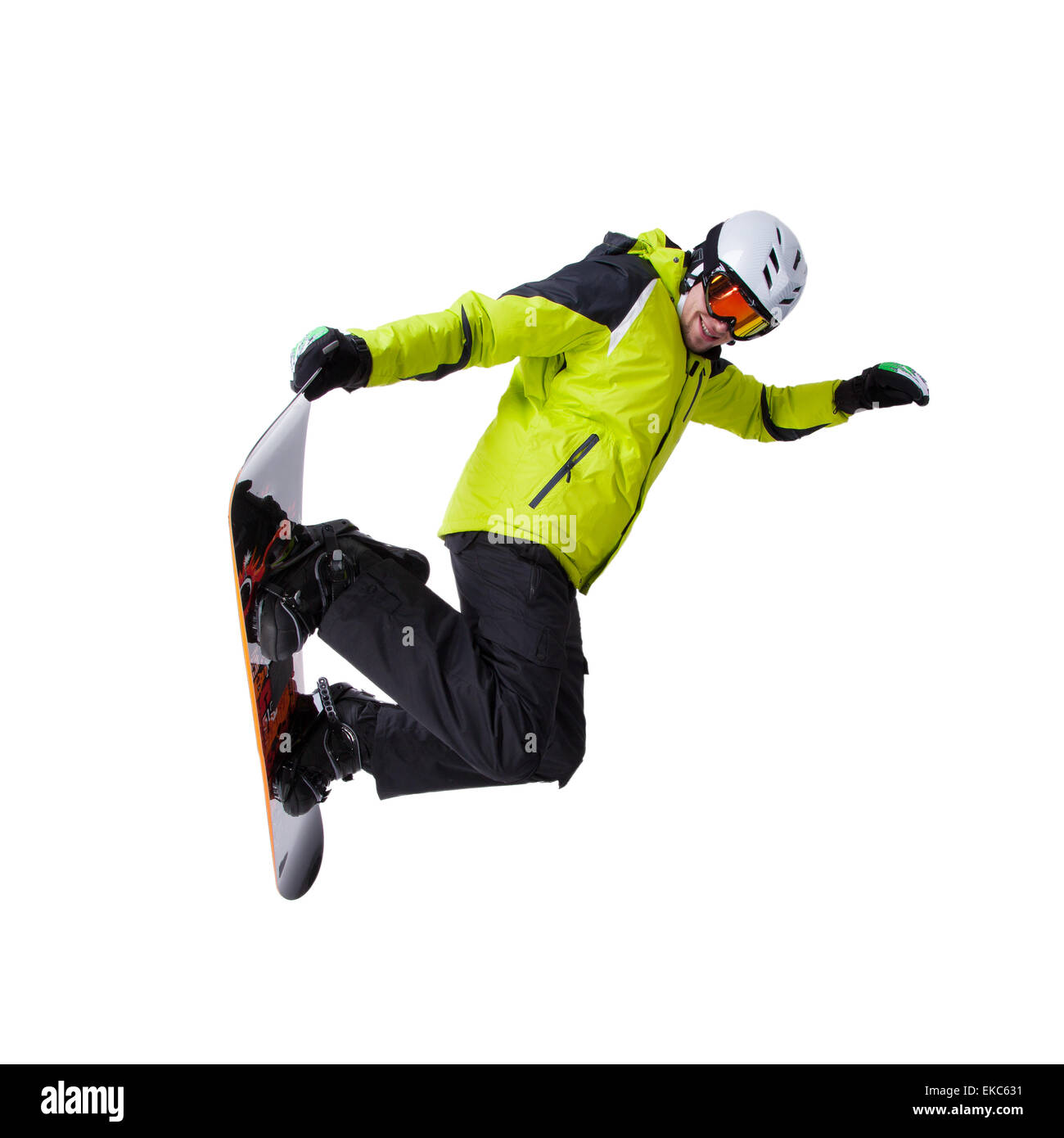 Snowboarder am Sprung auf weißem Hintergrund Stockfoto