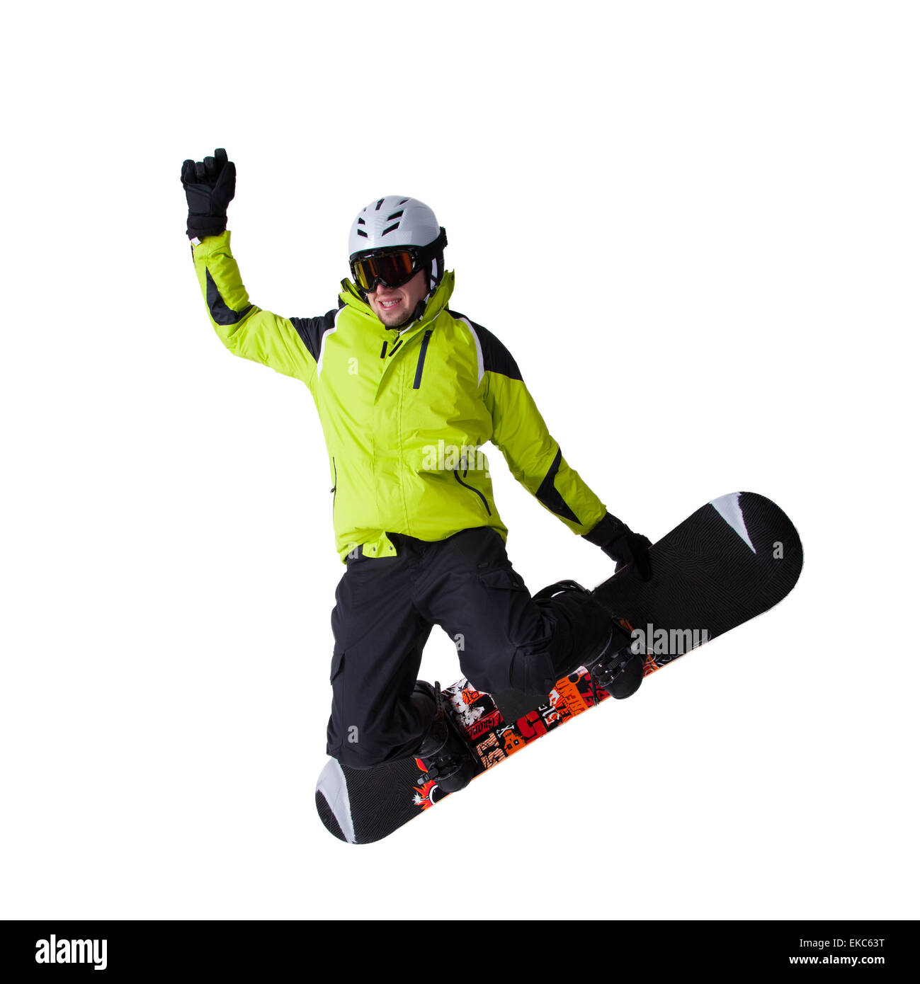 Snowboarder am Sprung auf weißem Hintergrund Stockfoto