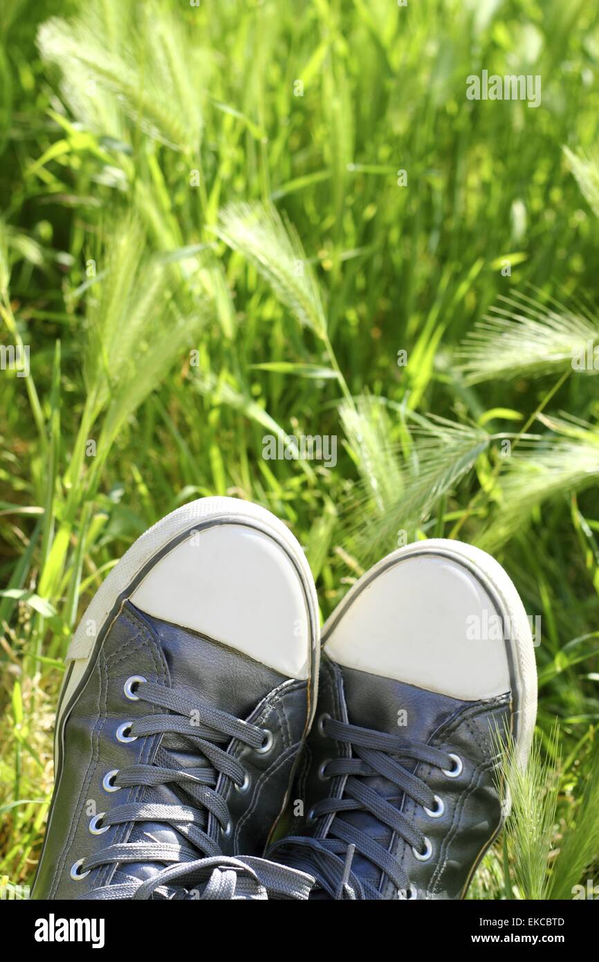 entspannte silbernen Schuhen mit Rest Wiese Feld Stockfoto