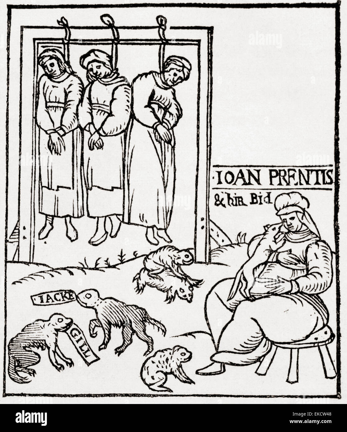 Drei Hexen hängen.  Nach der Titelseite einer zeitgenössischen Flugschrift auf den dritten Chelmsford-Hexe-Prozeß von 1589. Stockfoto
