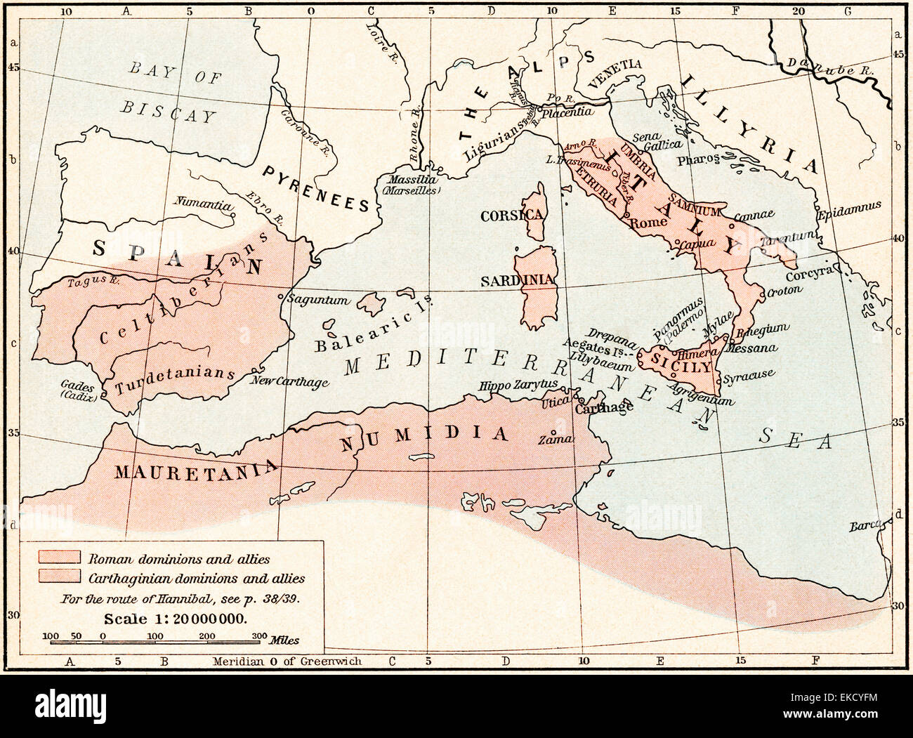 Karte von Rom und Karthago zu Beginn des zweiten Punischen Krieges 218 v. Chr.. Stockfoto
