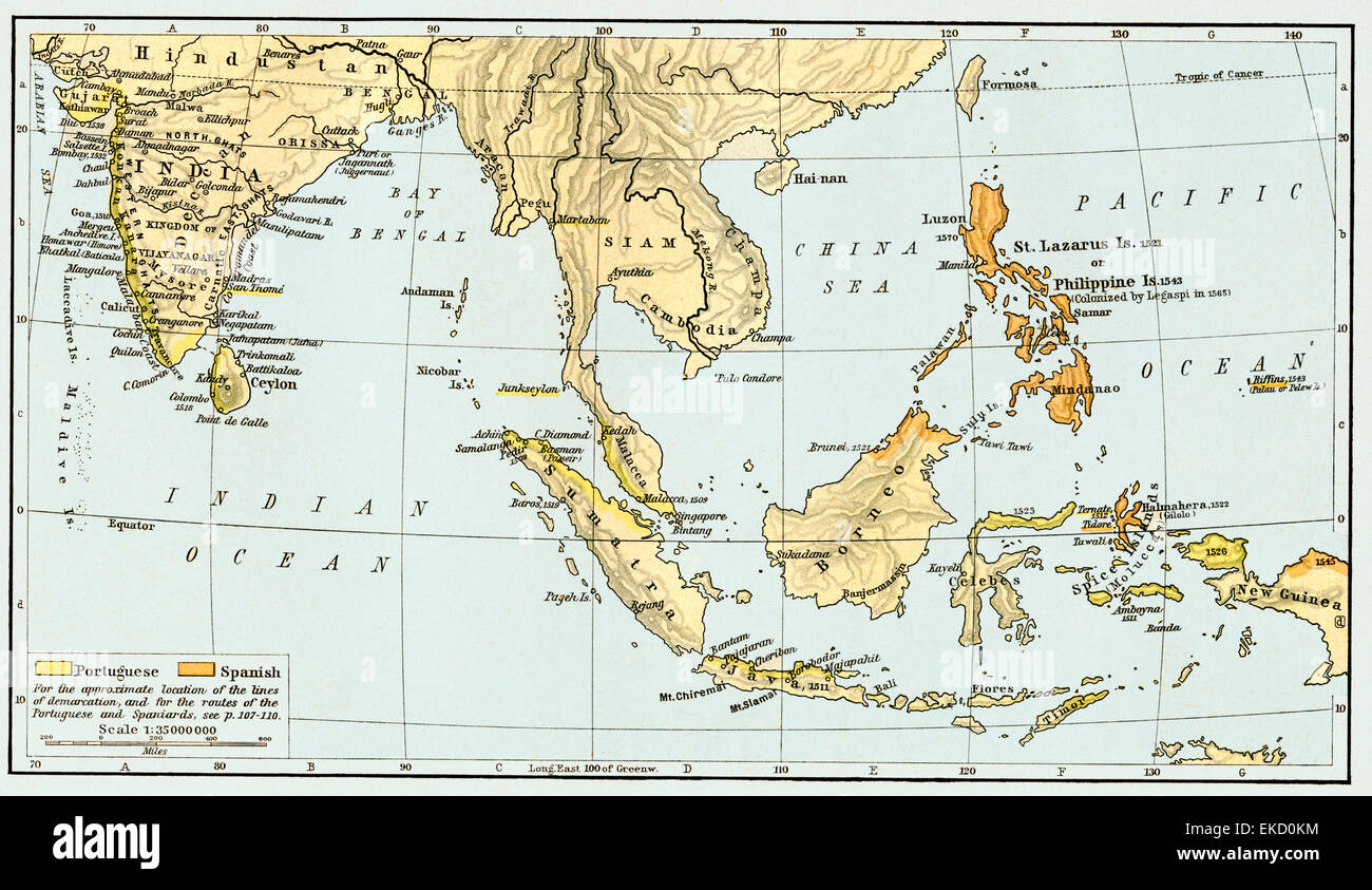 Karte von der portugiesischen kolonialen Besitzungen in Indien und dem Malaiischen Archipel, 1498-1580. Stockfoto