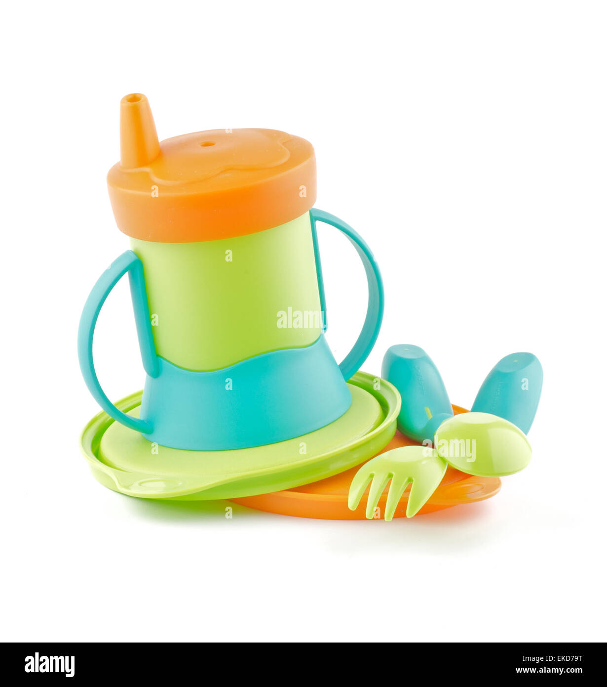 Multi-farbigen Babyflasche und Baby-Utensilien Stockfoto